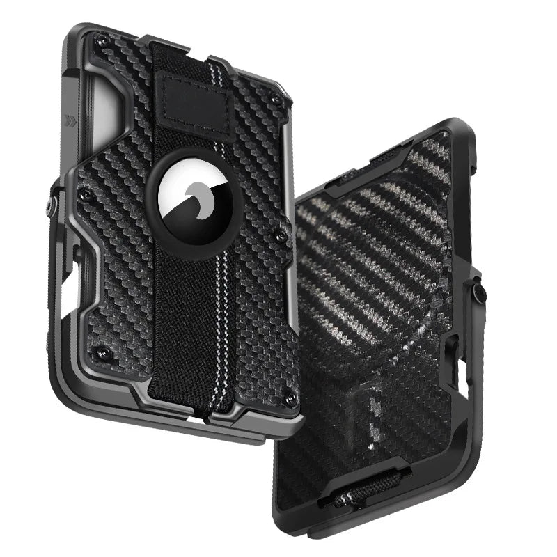 Aluminiumlegierung Carbonfaser MagSafe Wallet – 5-in-1 Multifunktionaler Kartenhalter mit Ständer, Griff, Flaschenöffner & RFID Schutz Kaufschwan® Carbon