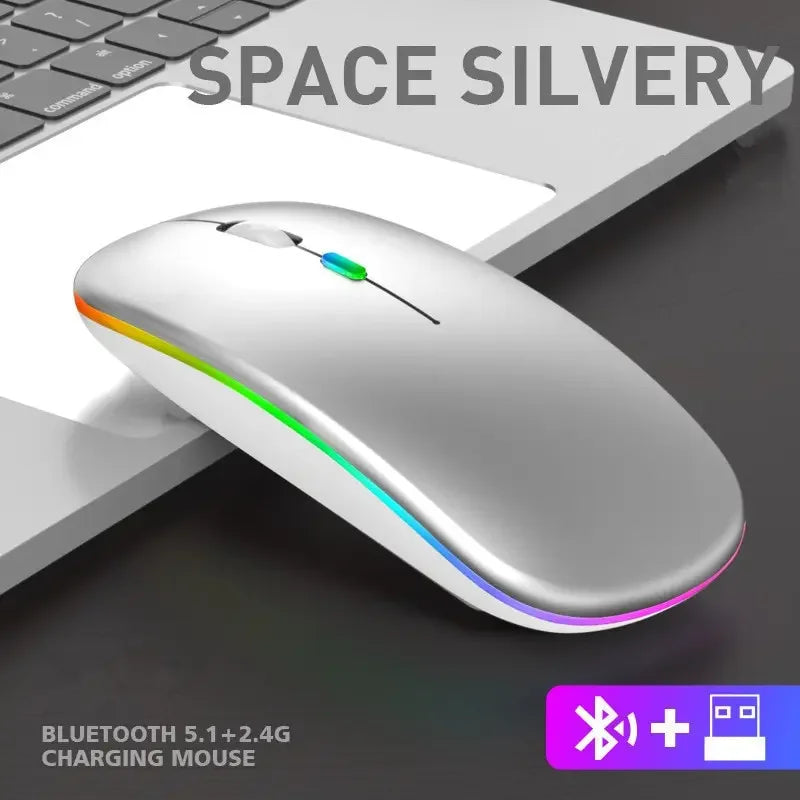 2.4GHz & Bluetooth 5.2 Kabellose Leuchtende Maus – USB Wiederaufladbare 1600DPI Tragbare Gaming Maus für Tablet, Handy & Computer Kaufschwan® Silber
