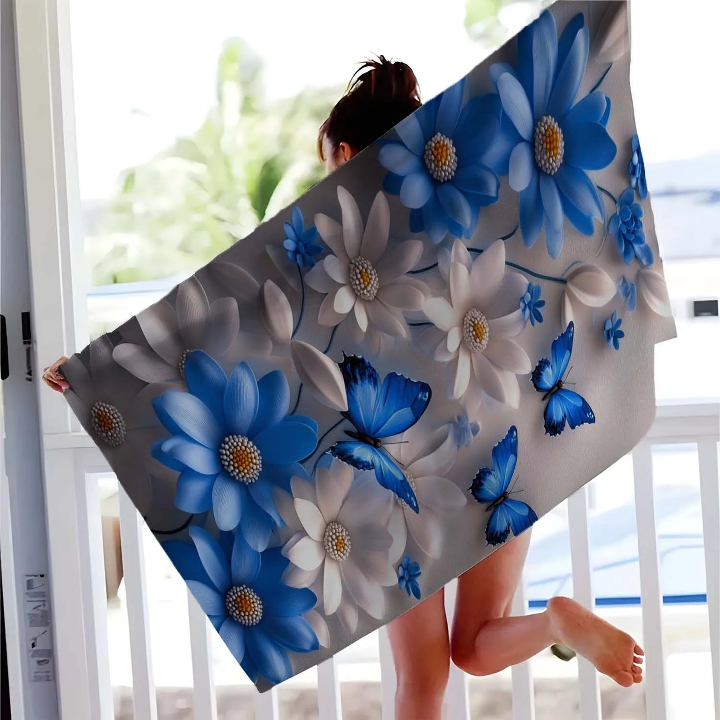 Blau-Weiß Geblümtes Strandtuch – Weiches Mikrofaser-Frottee Handtuch | Schnell Trocknend & Saugfähig für Yoga, Reisen, Fitness & Camping Kaufschwan®