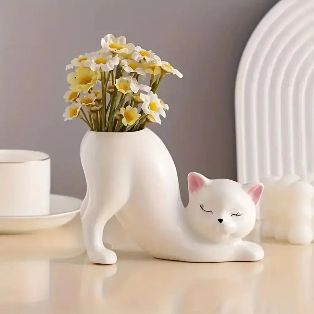 Weißer Katzen Blumentopf – Boho Stil Schlafendes Kätzchen Pflanztopf | Leicht & Langlebig für Innen- & Außenbereich Kaufschwan®