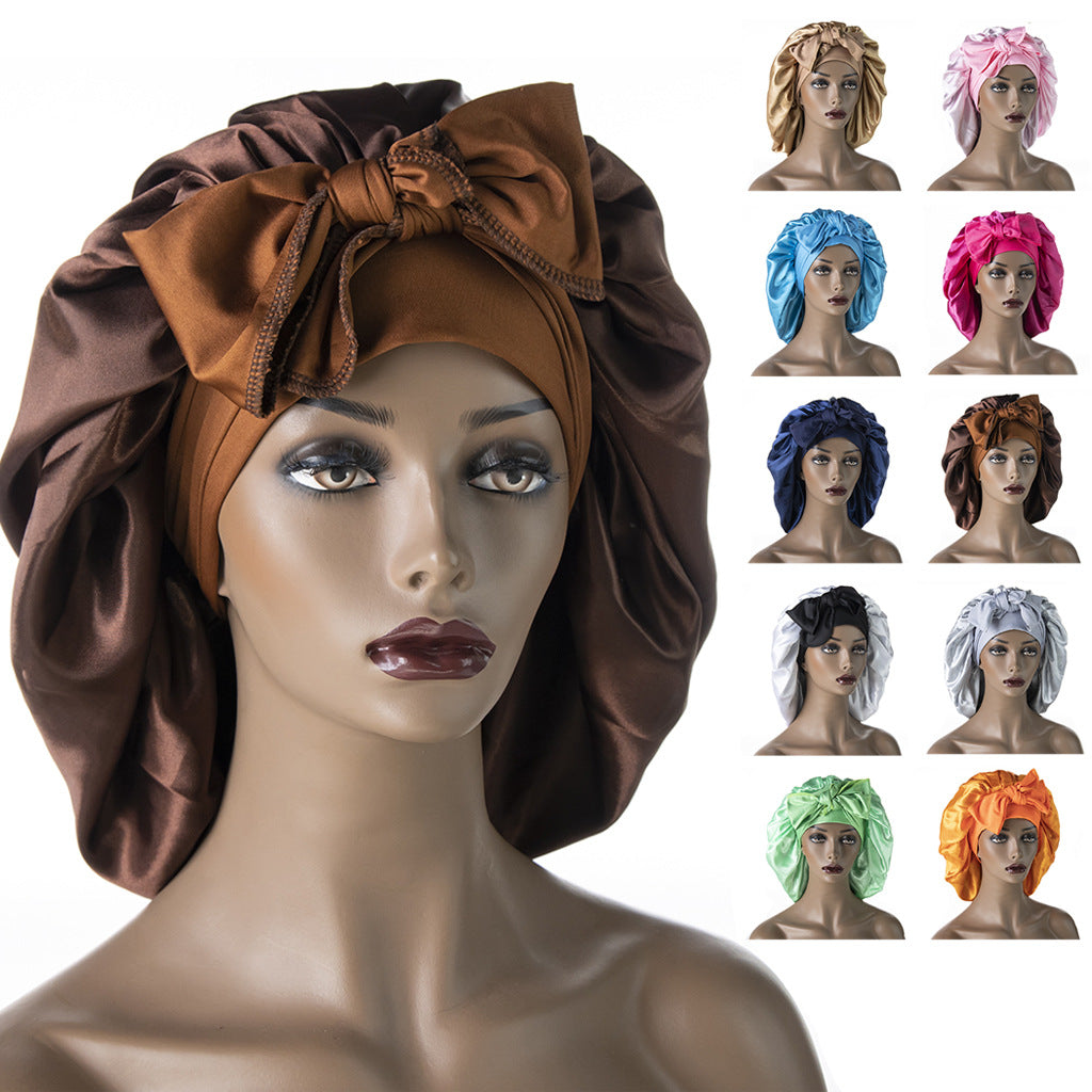 Breite Satin-Schlafhaube für Damen – Elastische Nachthaube mit Langem Bindeband für die Haarpflege