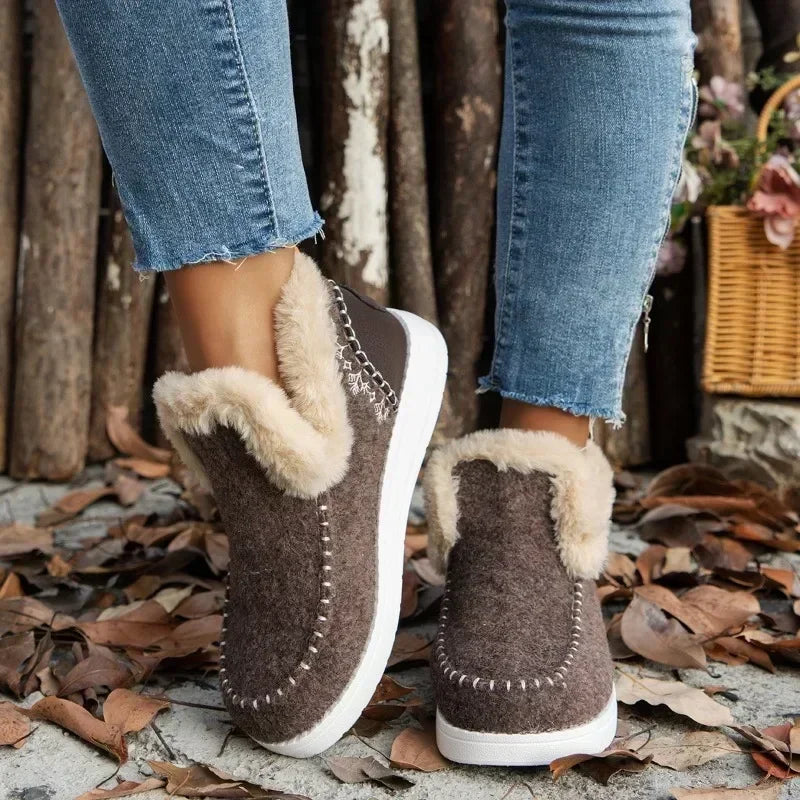 Damen Winterstiefel – Runde Zehenform Schneestiefel mit Kunstfell Futter | Flache Kurzschaft Stiefel mit Warmem Fleece für Damen Kaufschwan®