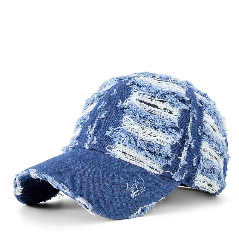 Denim Baseballkappe | Vintage Ripped Style Baseballcap | Cool Hip Hop Snapback Caps für Herren & Damen Kaufschwan® Blau M 55-61cm