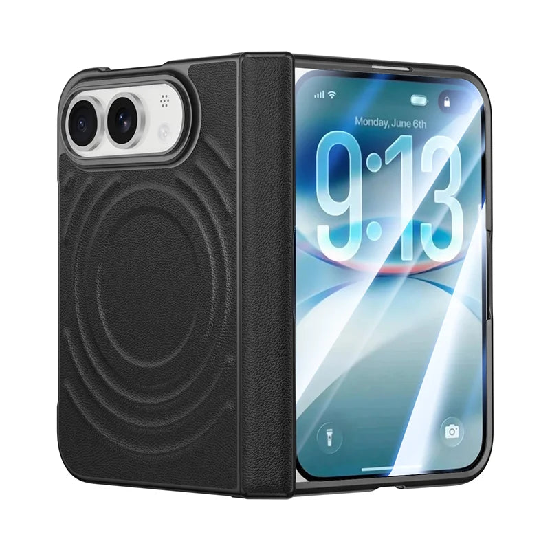 Luxuriöse Magnetische Lederhülle für iPhone Duo – MagSafe-Kompatible Schutzhülle mit Kabellosem Laden, Schutzfolie, Scharnier- und Stoßschutz Kaufschwan® Schwarz iPhone Duo