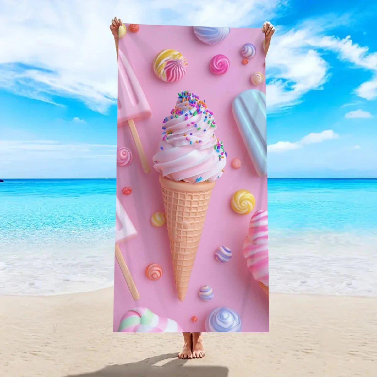 Strandtuch mit Eiscreme-Motiv – Schnell Trocknendes & Saugfähiges Mikrofaser Handtuch | Lustiges Sommer Handtuch für Reisen, Sport & Yoga Kaufschwan® Design 6 150x75cm