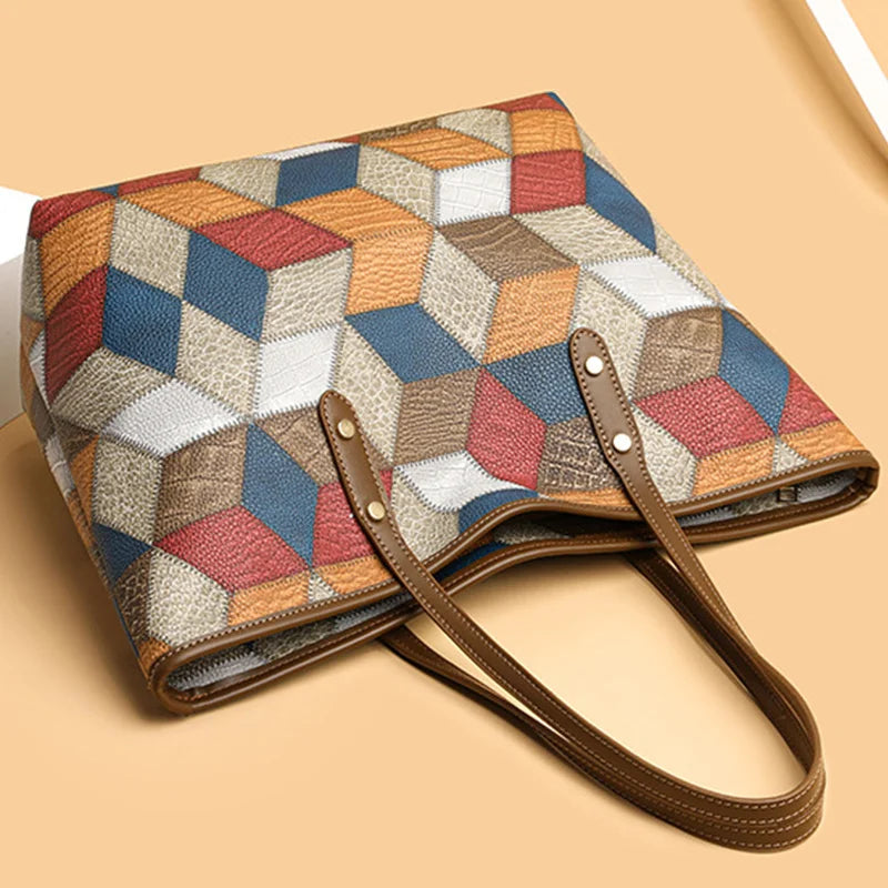 Damenhandtasche mit Großem Fassungsvermögen – Lässige PU Leder Patchwork Tote | Modische Unterarm & Schultertasche Kaufschwan®