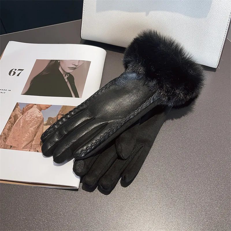 Luxus PU Lederhandschuhe für Damen – Warme Winterhandschuhe mit Kunstfellbesatz | Elegant Gefütterte Handschuhe für Partys & Kaltes Wetter Kaufschwan® Schwarz Einheitsgröße