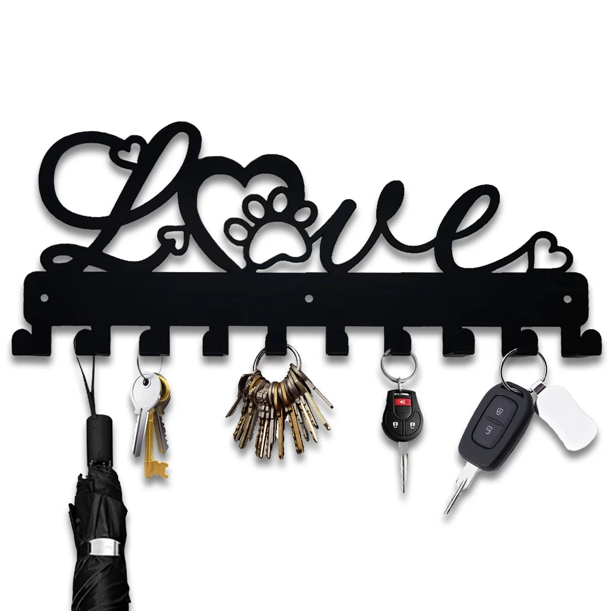LOVE Metall Schlüsselhalter – Schwarzer Wandhaken aus Eisen mit 10 Haken | Dekorative Organizer-Leiste für Handtücher, Taschen, Kleidung, Caps & Schlüssel Kaufschwan® Schwarz
