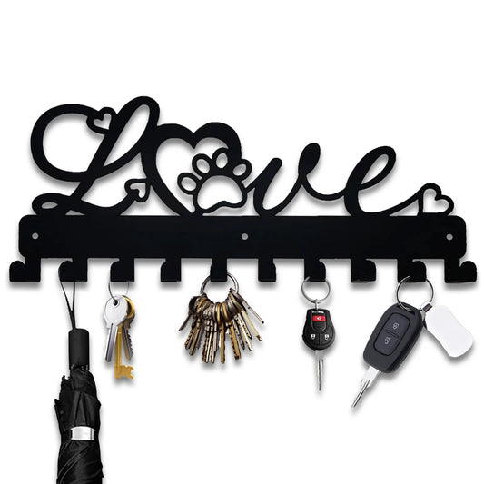 LOVE Metall Schlüsselhalter – Schwarzer Wandhaken aus Eisen mit 10 Haken | Dekorative Organizer-Leiste für Handtücher, Taschen, Kleidung, Caps & Schlüssel Kaufschwan® Schwarz