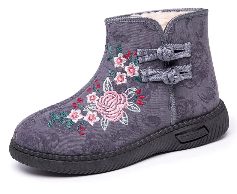 Damen Bestickte Schneestiefel – Mittelhohe Baumwollstiefel mit Kunstfell Fleece Futter | Warme Winter Schuhe für Mütter Kaufschwan®