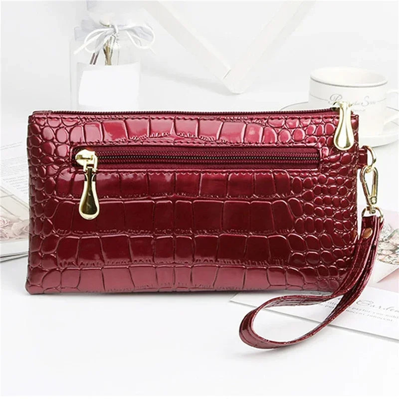 Damen Langbörse aus Leder – Doppelreißverschluss Clutch Tasche | Elegante Krokodil Muster Geldbörse in Rot Kaufschwan®