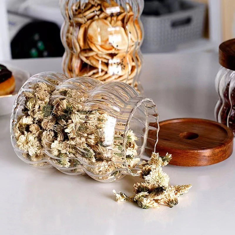 Glas Vorratsbehälter mit Holzdeckel & Streifen Design – Versiegelte Gläser für Tee, Kaffeebohnen, Getreide & Süßigkeiten Kaufschwan®