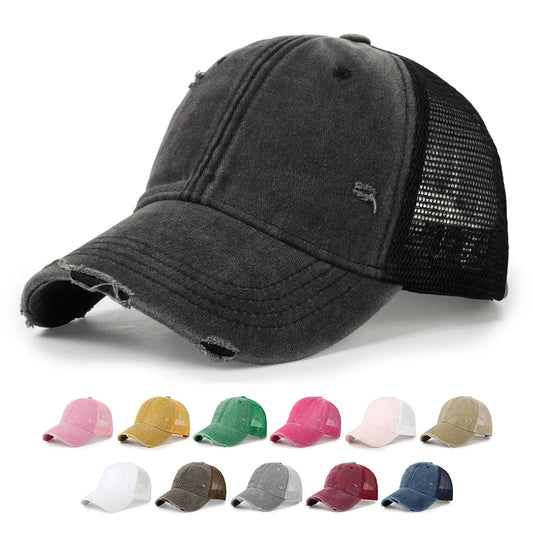 Washed Cotton Mesh Baseballkappe | Vintage Ripped Leichte Baseballcap für Herren & Damen | Atmungsaktive Frühlings- & Sommermode Kaufschwan®