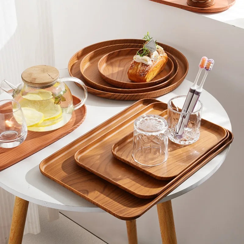 Rechteckiges Kunststoff-Serviertablett in Holzoptik – Multifunktionales Tablett für Haushalt & Gewerbe, Wasserbecher, Kuchen & Desserts Kaufschwan®