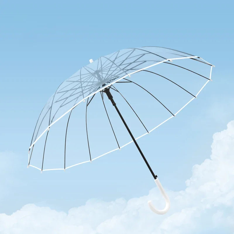 Transparenter Regenschirm – Windfester 16-Streben Langgriff-Schirm für Damen, Wasserdichter Großer Halbautomatischer Regenschirm Kaufschwan® Weiß