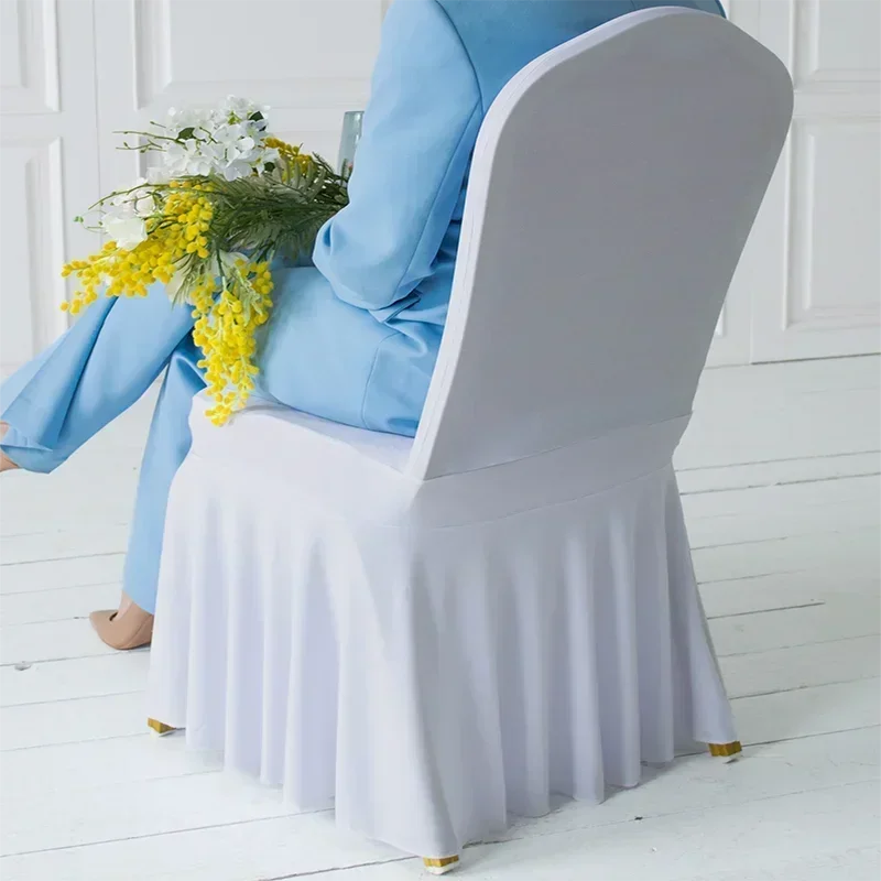 50/100 Stück Weiße Spandex Stuhlbezüge mit Faltenrock – Elegante Sitzschutzbezüge für Hotel, Bankett, Party & Hochzeitsdekoration Kaufschwan®