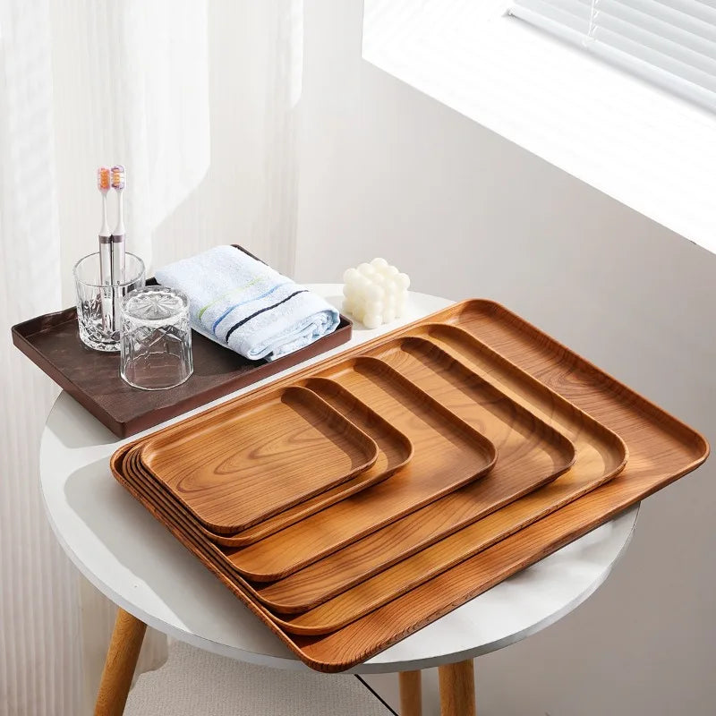 Rechteckiges Kunststoff-Serviertablett in Holzoptik – Multifunktionales Tablett für Haushalt & Gewerbe, Wasserbecher, Kuchen & Desserts Kaufschwan®