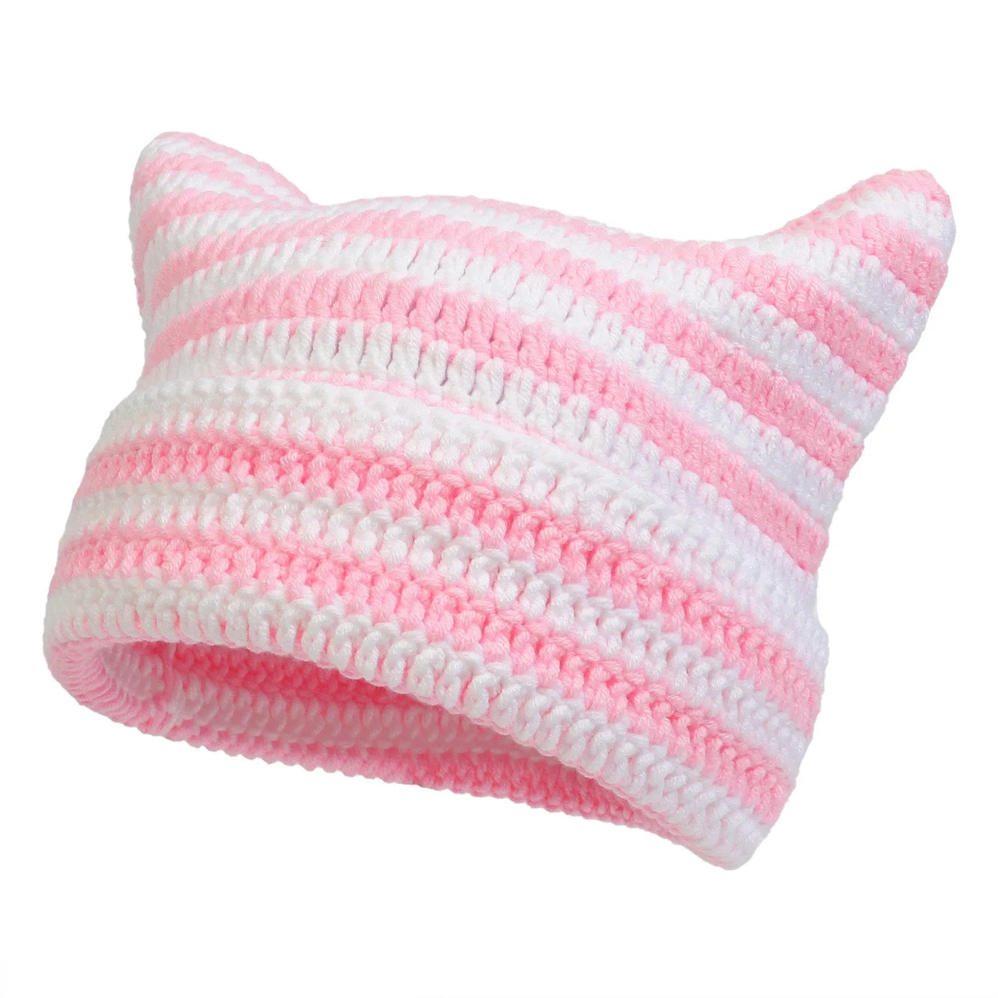 Häkelmütze mit Katzenohren – Weiche Acryl Wintermütze für Damen | Gestreifte Warme Beanie Mütze Geschenk Kaufschwan®