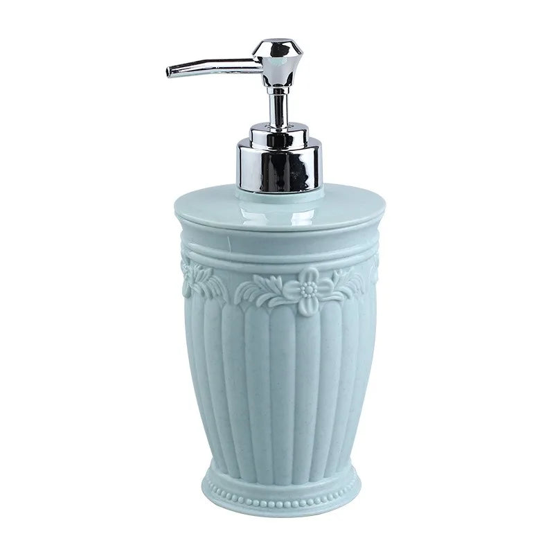 Modischer Buntglas-Seifenspender mit Gravur – Handpumpe für Bad-Desinfektionsmittel & Shampoo-Emulsion Kaufschwan® Rund Hellblau