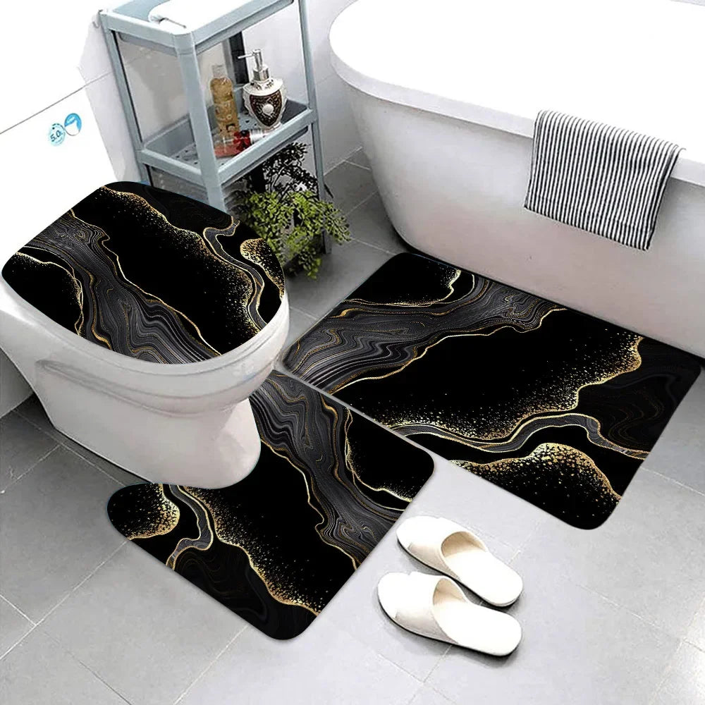3-teiliges Badematten-Set Schwarz Marmor – Gold & Grau, Rutschfest, Geometrisches Design Kaufschwan®