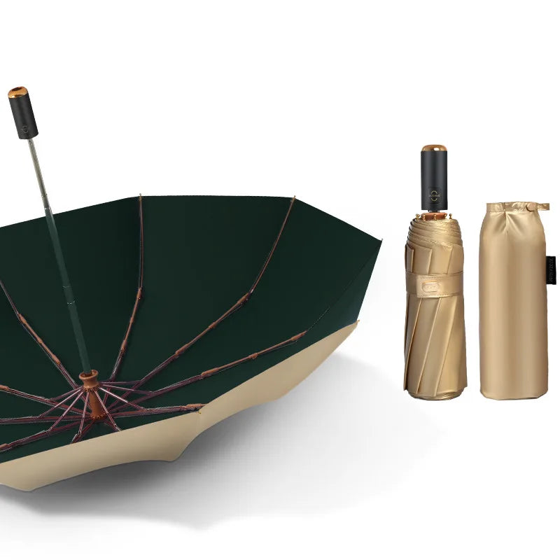 Luxus Gold Automatikschirm – Tragbarer Damen 3-Fach Faltbarer UV-Schutz Sonnenschirm, 10K Doppel-Lagen Winddichter Schirm für Mädchen Kaufschwan® Grün