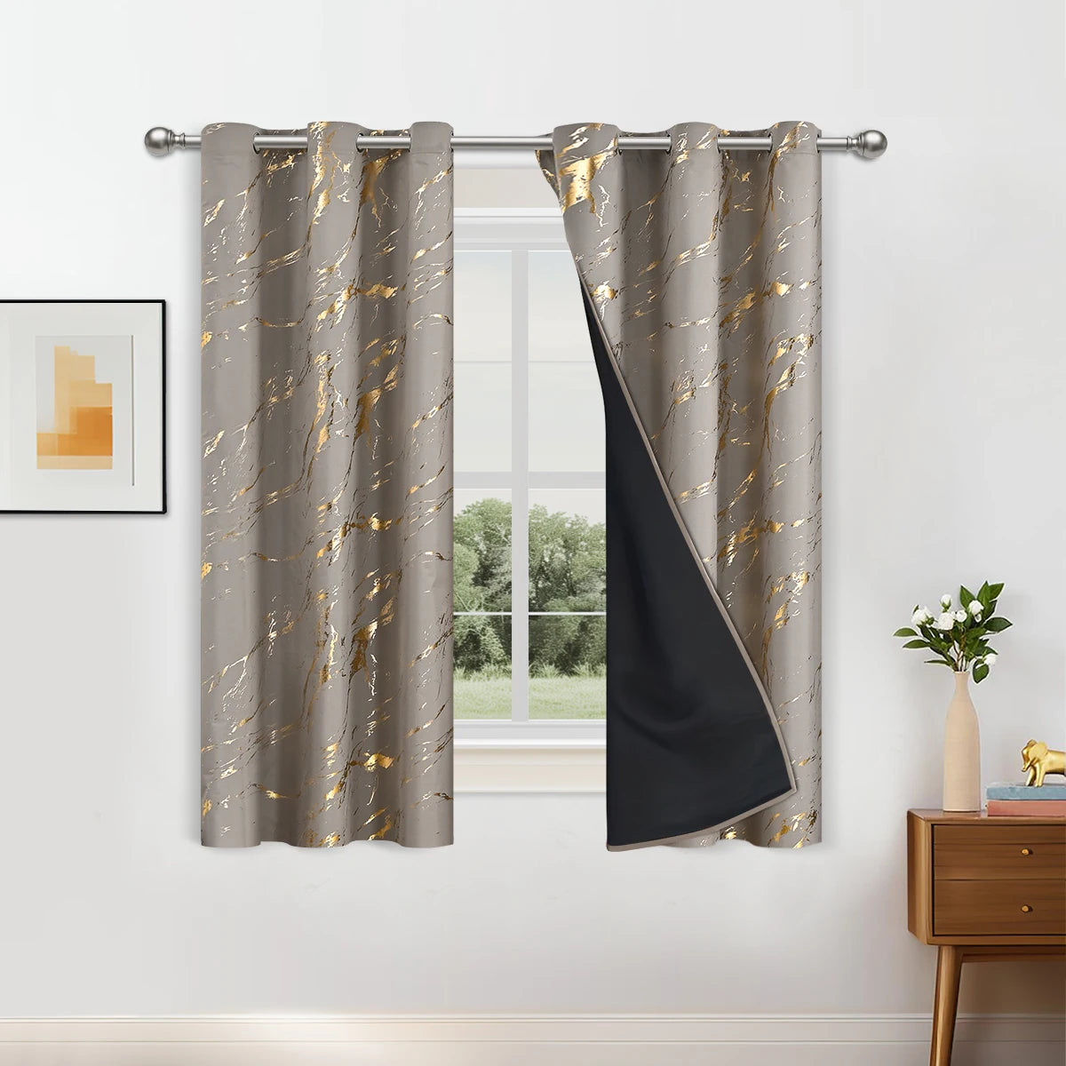 100% Verdunkelung Luxus Marmor Vorhang Set mit Goldfolie und Präziser Verarbeitung – Premium Wohn Deko Kaufschwan®