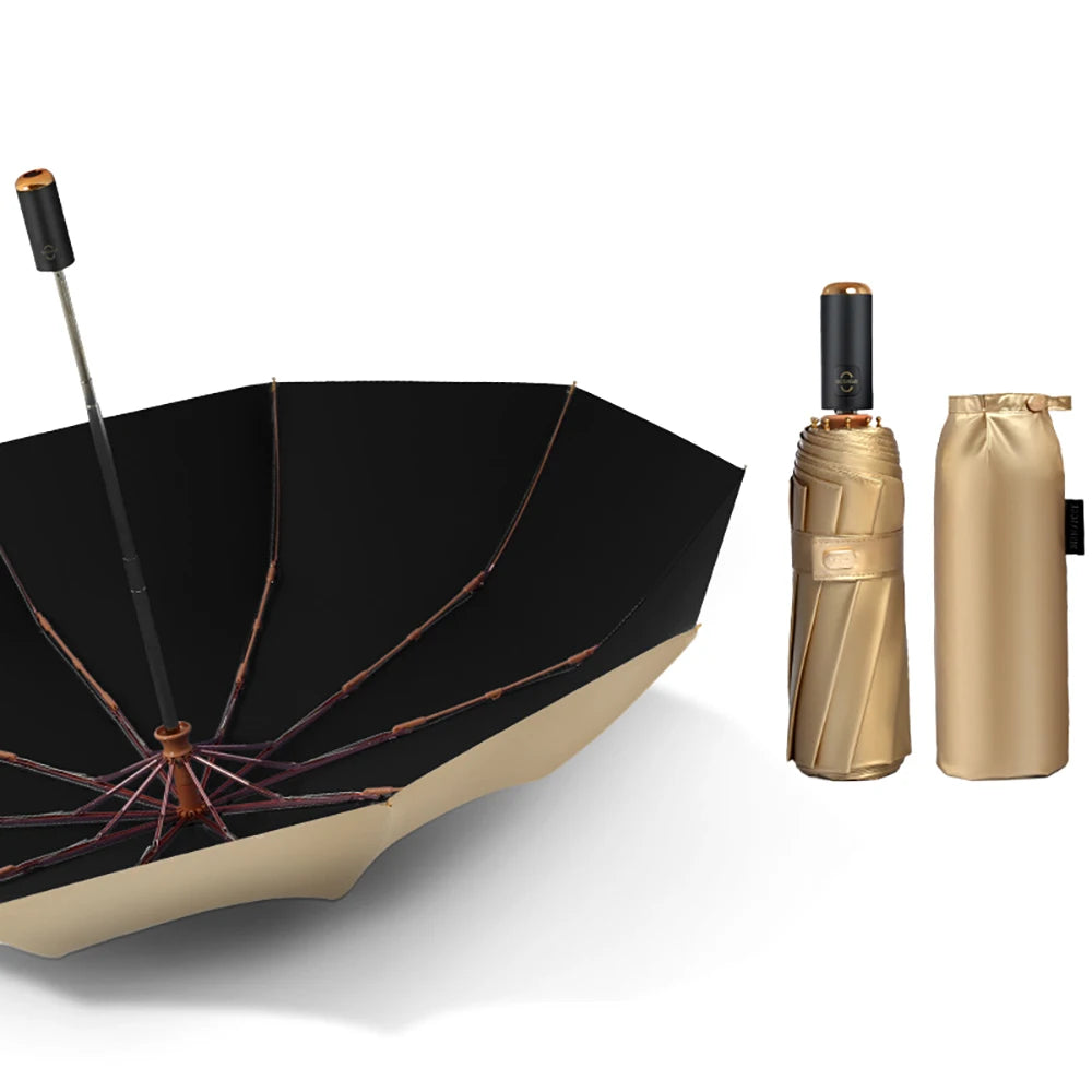 Luxus Gold Automatikschirm – Tragbarer Damen 3-Fach Faltbarer UV-Schutz Sonnenschirm, 10K Doppel-Lagen Winddichter Schirm für Mädchen Kaufschwan®
