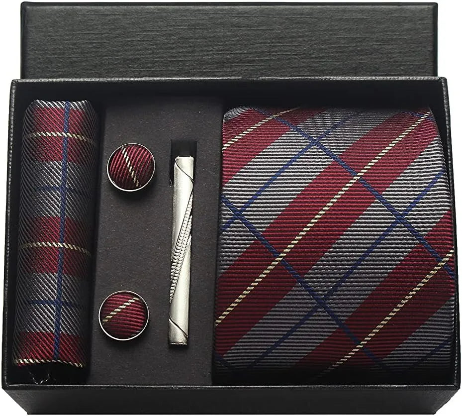 SALE -Herren Krawatten-Set aus 100% Seide – 8 cm Krawatte mit Einstecktuch & Manschettenknöpfen | Klassisches Geschenkset für Business & Hochzeit Kaufschwan®