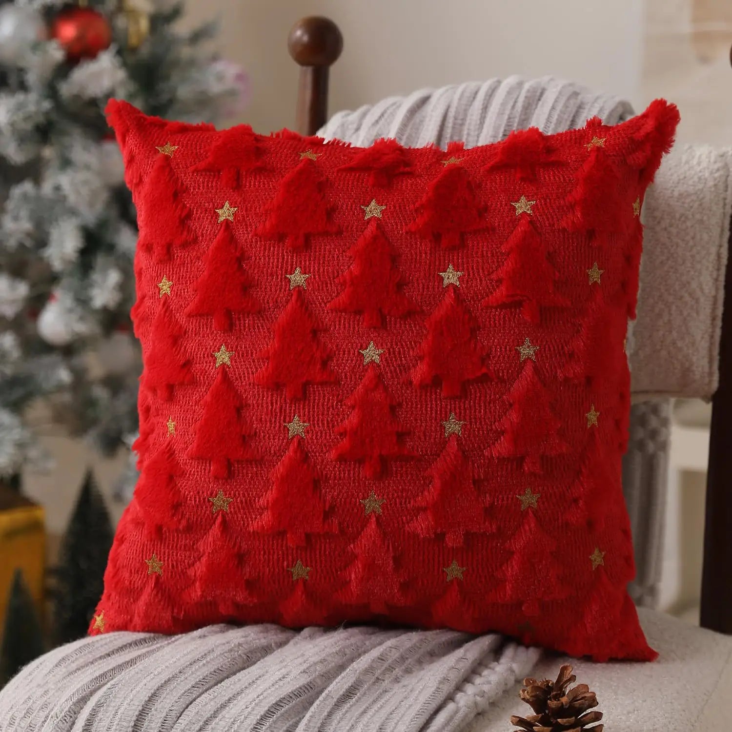 45x45cm Weihnachts Kissenbezug – Gestepptes Plüsch Design | Stern & Tannenbaum Motiv Sofakissen Bezug für Wohnzimmer Deko Kaufschwan®