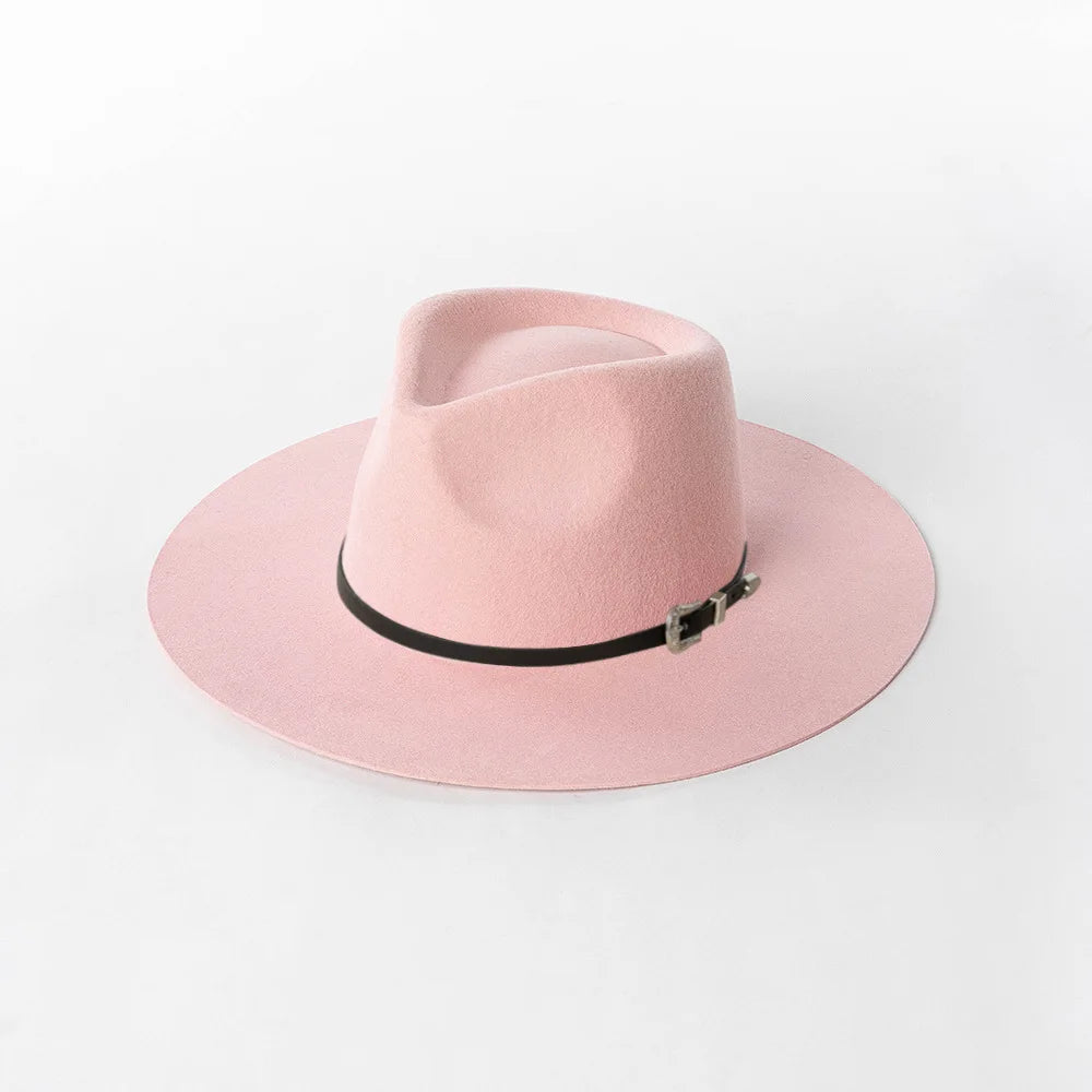 SALE - Herbst & Winter Unisex Woll-Fedora Hut – Vintage Jazzhut mit Krone & Schwarzem Lederband, Stylischer Hut mit Breiter Krempe Kaufschwan® Rosa M 57cm