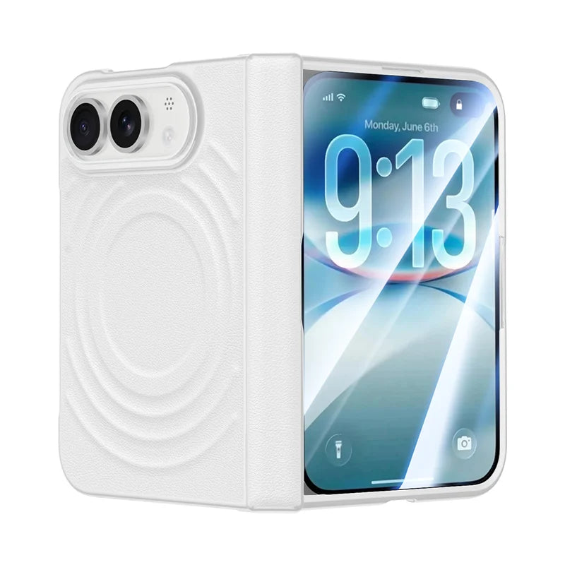 Luxuriöse Magnetische Lederhülle für iPhone Duo – MagSafe-Kompatible Schutzhülle mit Kabellosem Laden, Schutzfolie, Scharnier- und Stoßschutz Kaufschwan® Weiß iPhone Duo