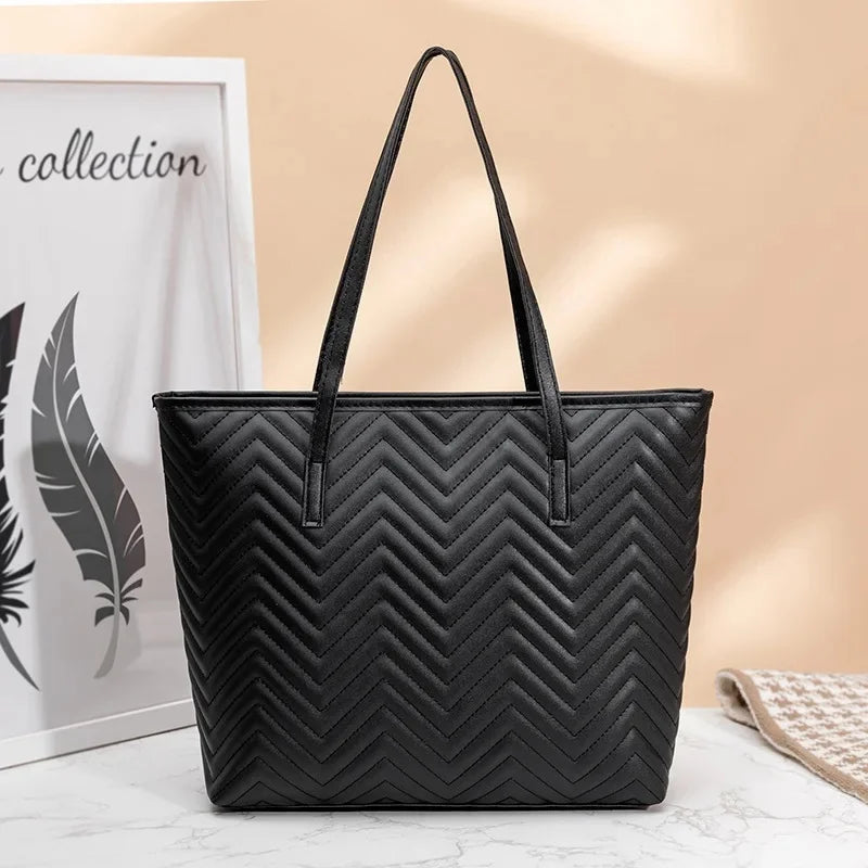Modische Damenhandtasche mit Besticktem Wellenmuster – Saison Trend Casual Shopping Tasche | Ein-Schulter Tasche mit Weichem Polyesterfutter Kaufschwan® Schwarz