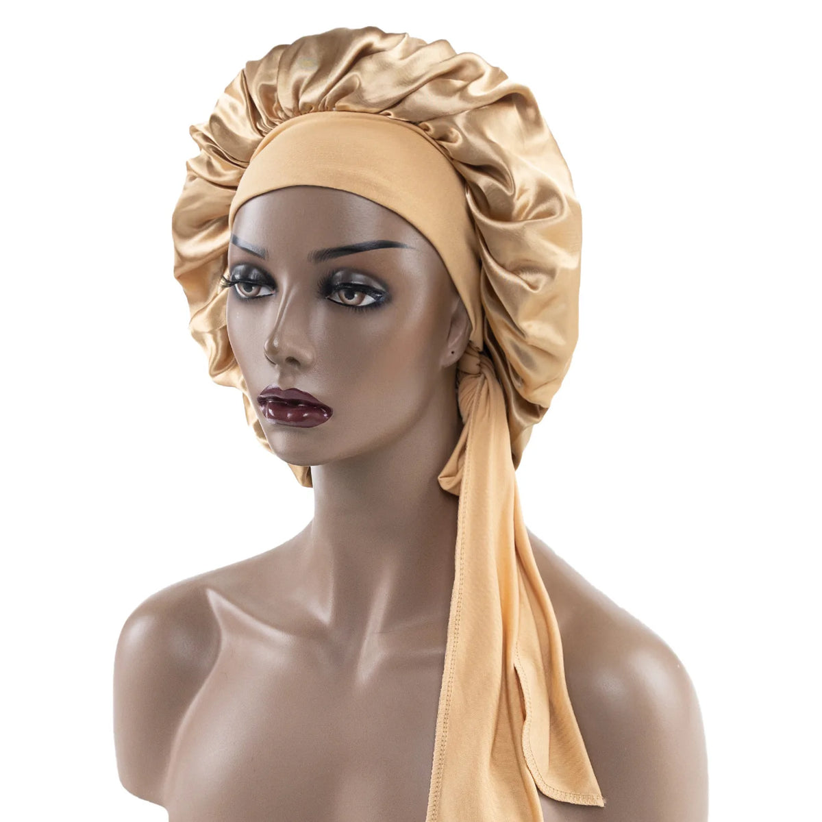 Breite Satin-Schlafhaube für Damen – Elastische Nachthaube mit Langem Bindeband für die Haarpflege