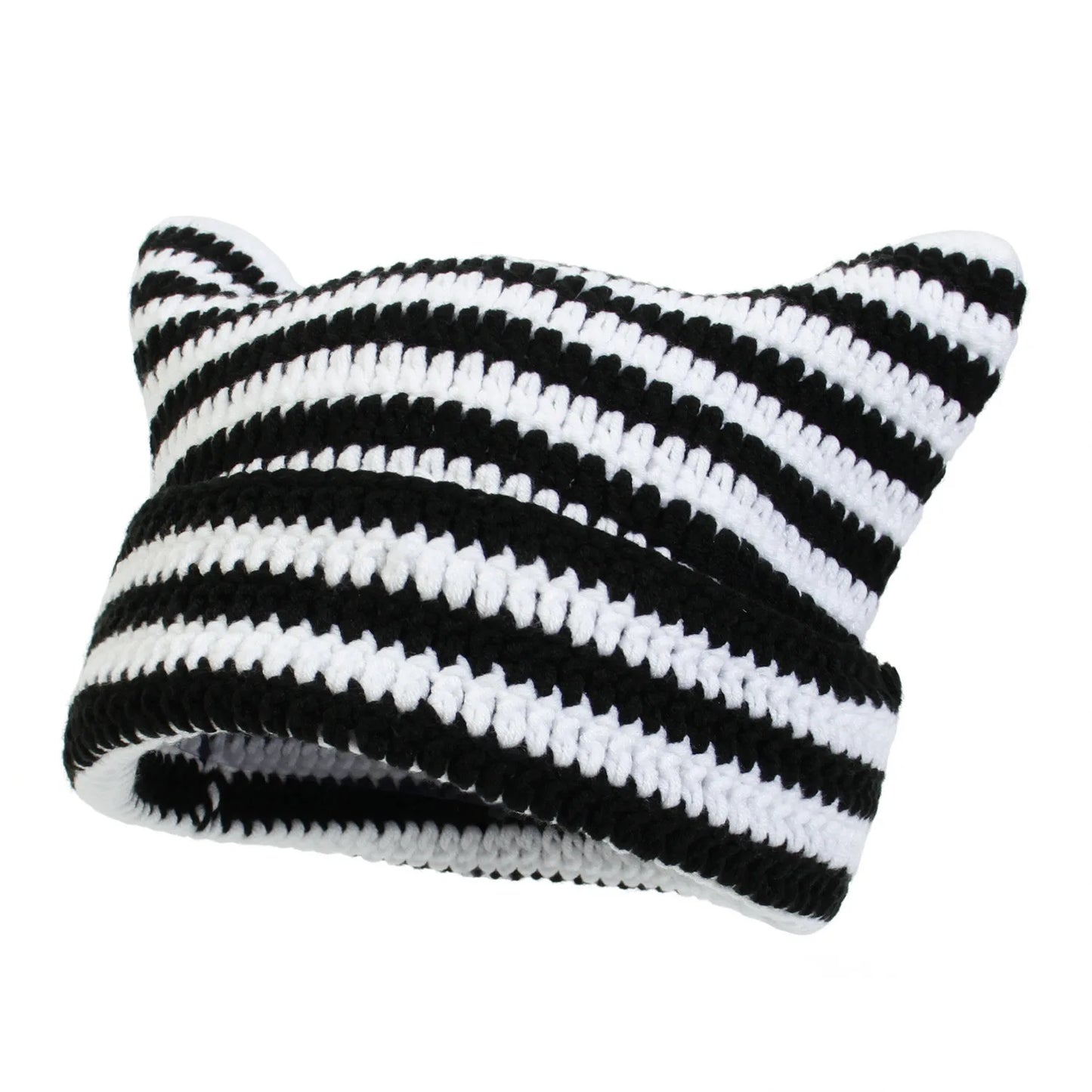 Häkelmütze mit Katzenohren – Weiche Acryl Wintermütze für Damen | Gestreifte Warme Beanie Mütze Geschenk Kaufschwan® Schwarz - Weiß