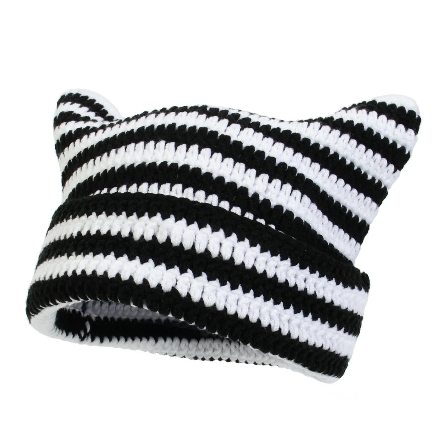 Häkelmütze mit Katzenohren – Weiche Acryl Wintermütze für Damen | Gestreifte Warme Beanie Mütze Geschenk Kaufschwan® Schwarz - Weiß