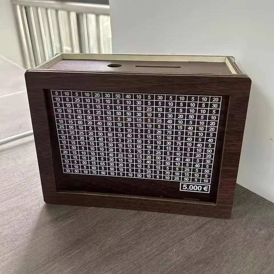 Holz Euro Sparbox – Wiederverwendbare Spardose mit Sparziel Anzeige Kaufschwan® Dunkelbraun 5000€