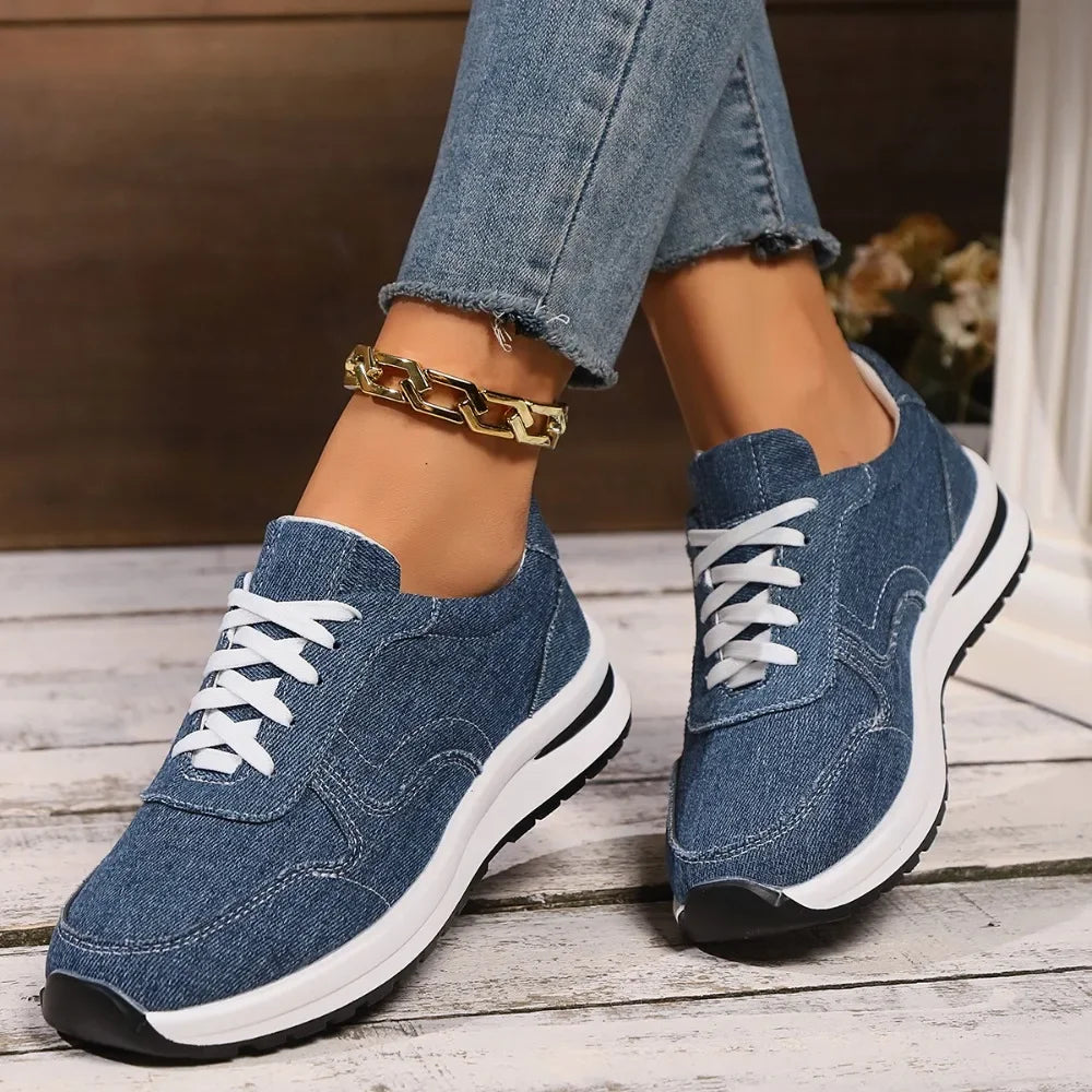 Blaue Damen Plateau-Sneaker – Modische Schnürschuhe mit Dicker Sohle | Bequeme Freizeit-Sneaker in Übergrößen bis 43 Kaufschwan®
