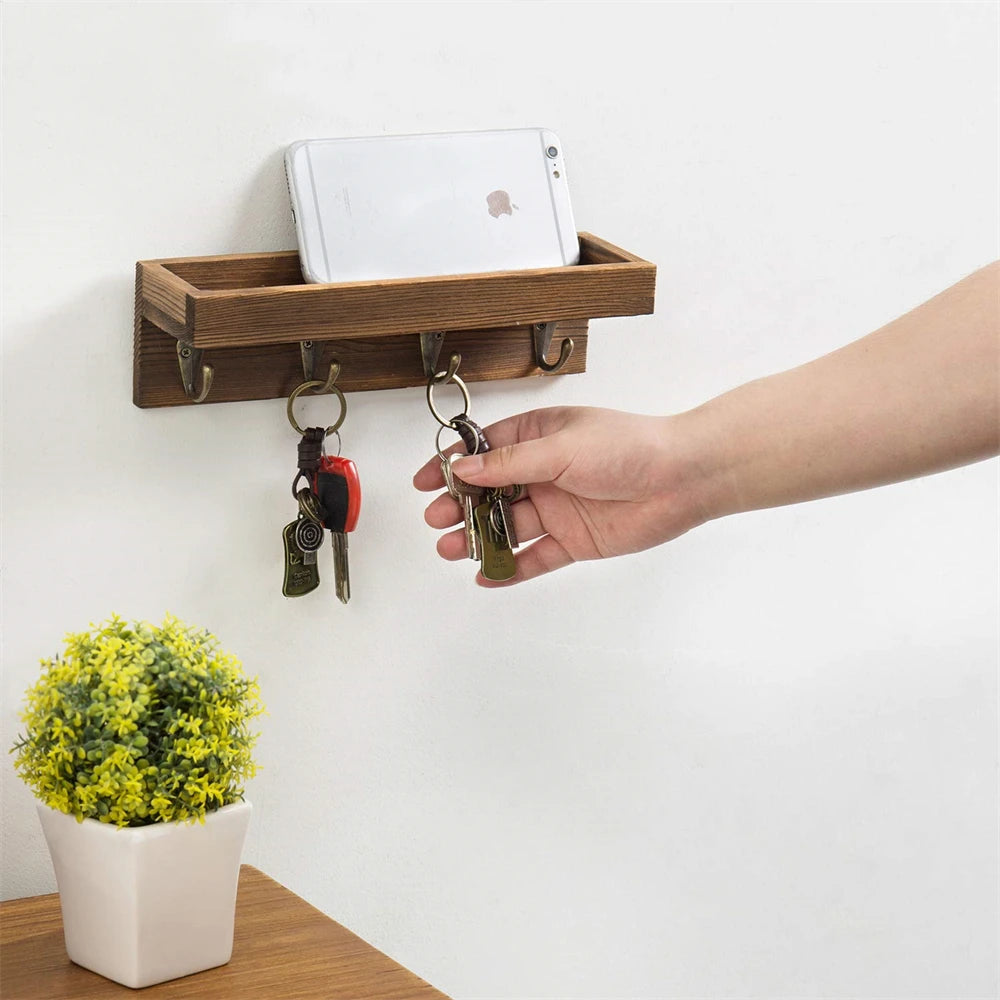 Schlüsselhalter aus Holz mit Ablage – Rustikaler Wand Organizer | Schwimmendes Regal mit 4 Metallhaken für Schlüssel, Leine, Sonnenbrille & Deko Kaufschwan®