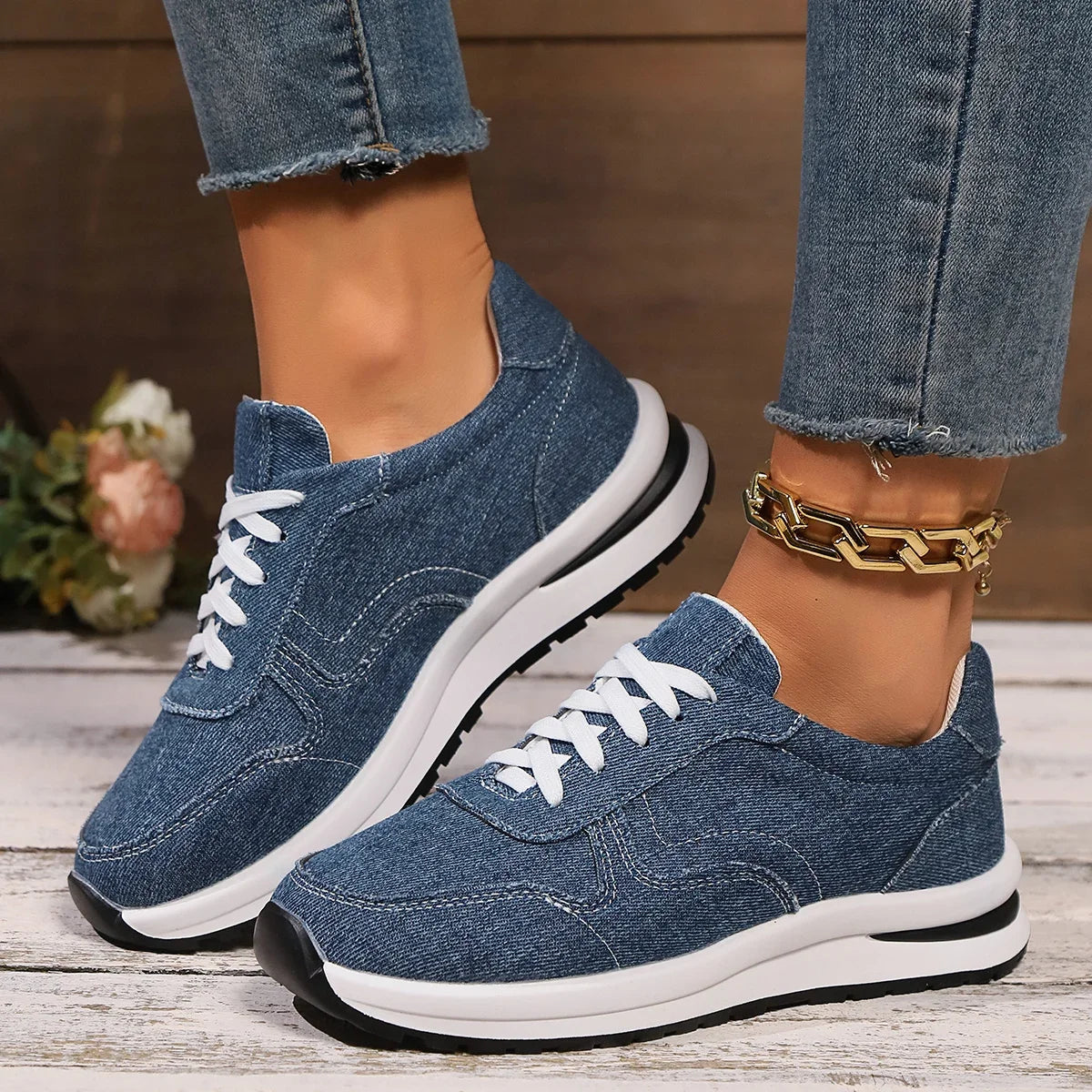 Blaue Damen Plateau-Sneaker – Modische Schnürschuhe mit Dicker Sohle | Bequeme Freizeit-Sneaker in Übergrößen bis 43 Kaufschwan® Blau 36