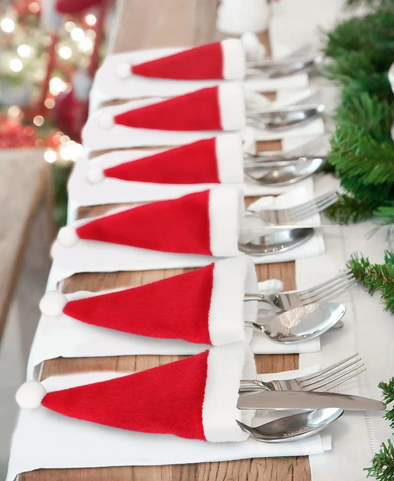 Weihnachten Bestecktasche – Merry Christmas Tischdeko | Weihnachtsmütze Besteckhalter für Gabel, Messer & Löffel Kaufschwan®
