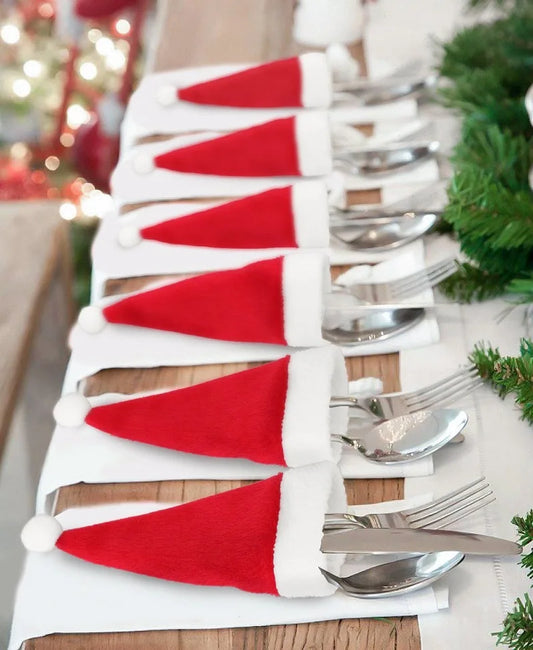Weihnachten Bestecktasche – Merry Christmas Tischdeko | Weihnachtsmütze Besteckhalter für Gabel, Messer & Löffel Kaufschwan®