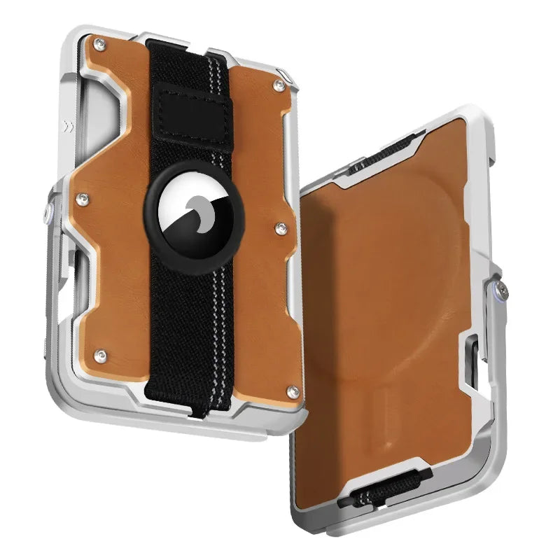 Aluminiumlegierung Carbonfaser MagSafe Wallet – 5-in-1 Multifunktionaler Kartenhalter mit Ständer, Griff, Flaschenöffner & RFID Schutz Kaufschwan® Hellbraun