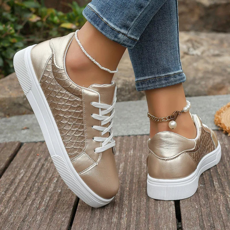 Damen Sneaker in Gold & Silber | Frühling & Herbst Schnürschuhe aus Weichem PU Leder | Modische Freizeitschuhe Kaufschwan®