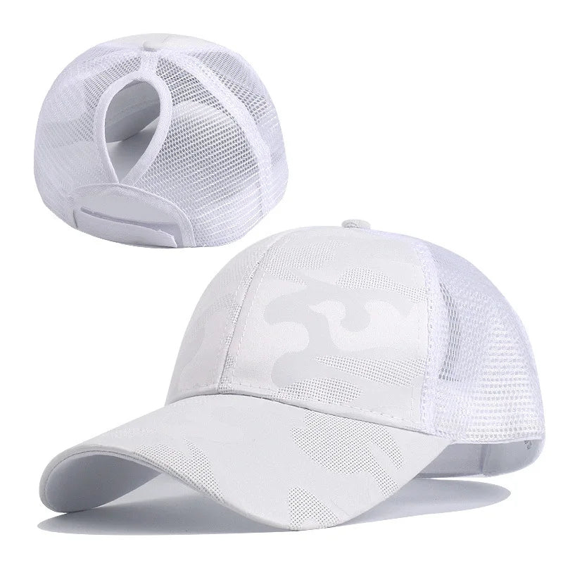 Sommer Camouflage Damen Zopf Cap | Damen Snapback Baseballkappe | Messy Hair Bun & Ponytail Freundlich Kaufschwan® Weiß