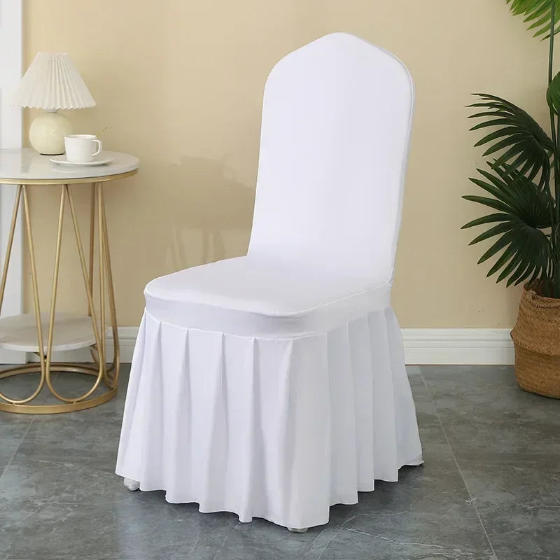 50/100 Stück Weiße Spandex Stuhlbezüge mit Faltenrock – Elegante Sitzschutzbezüge für Hotel, Bankett, Party & Hochzeitsdekoration Kaufschwan®