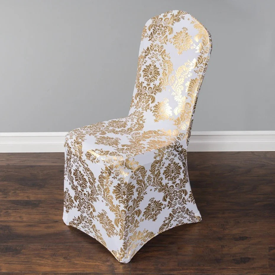 Esszimmer Stuhlbezüge mit Gold- & Silber Blumenprägung – Abnehmbare Waschbare Spandex Stretch Stuhlüberzüge für Hochzeiten & Events Kaufschwan® Gold Stuhlbezug aus Spandex