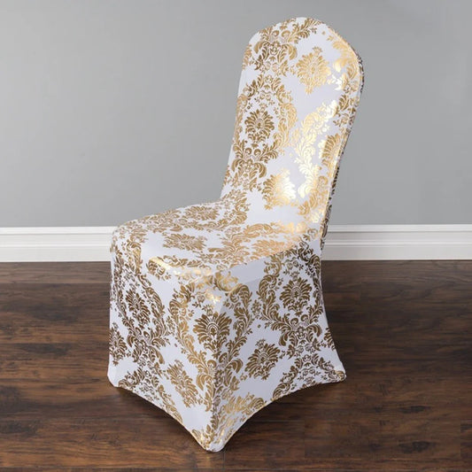 Esszimmer Stuhlbezüge mit Gold- & Silber Blumenprägung – Abnehmbare Waschbare Spandex Stretch Stuhlüberzüge für Hochzeiten & Events Kaufschwan® Gold Stuhlbezug aus Spandex