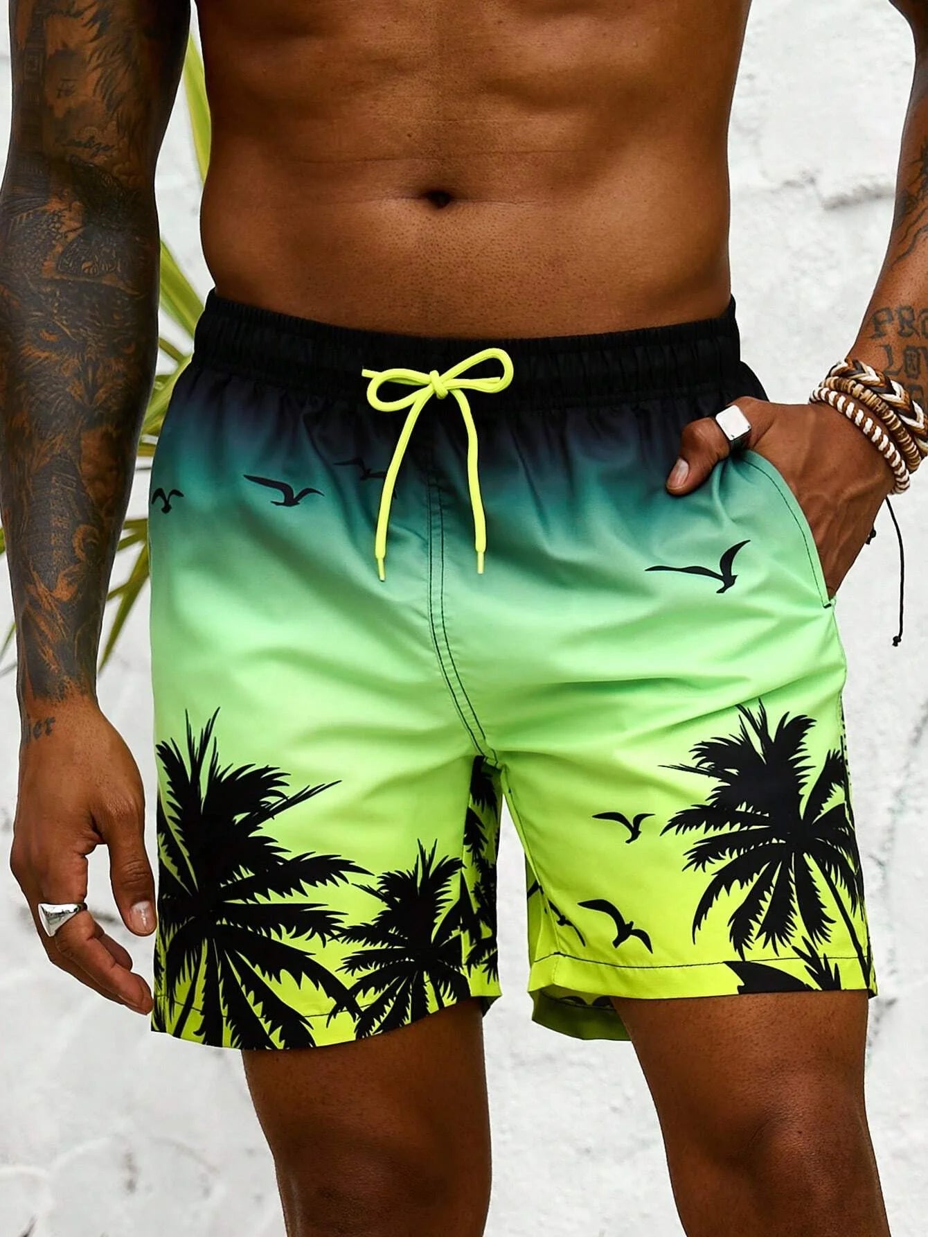 Herren Badeshorts mit Palmenmuster – Sommer Boardshorts mit Kordelzug | 3D Druck Atmungsaktive Strandshorts Streetwear Kaufschwan® Grün-Gelb L