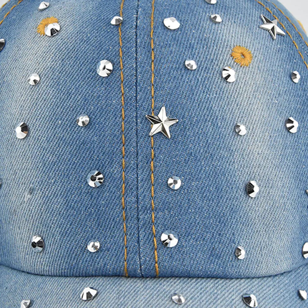 Denim Baseballkappe Damen | Vintage-Cap mit Rivet Star | Snapback Baseballcap für Damen & Herren | Sommer Outdoor Freizeit Kaufschwan®