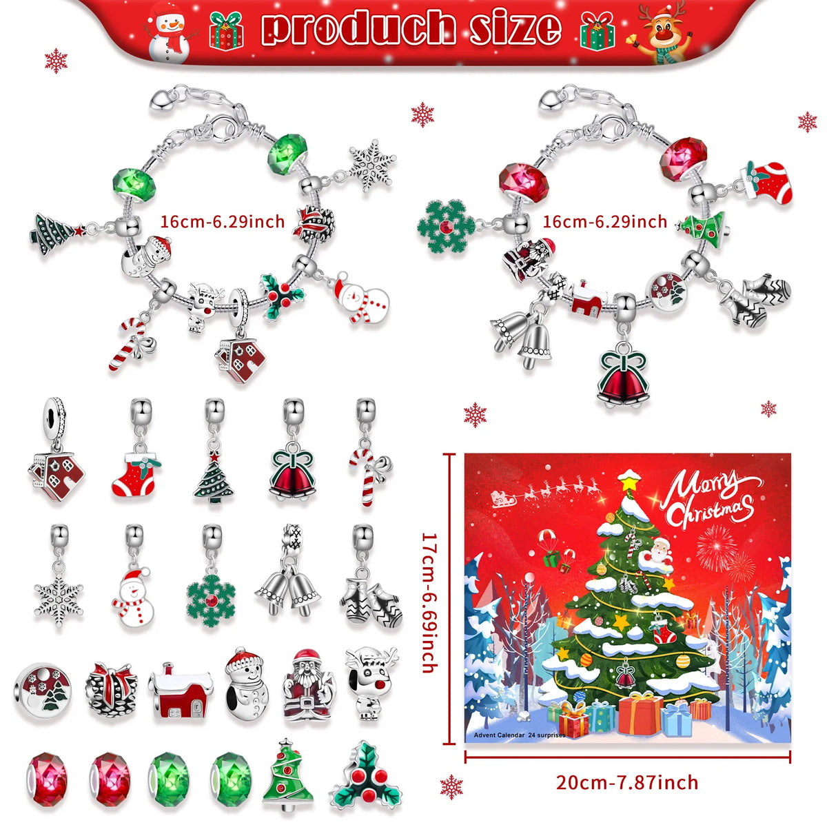 Weihnachts-Adventskalender mit Armband-Bastelset – Schneemann- & Weihnachtsmann-Geschenkbox für Mädchen